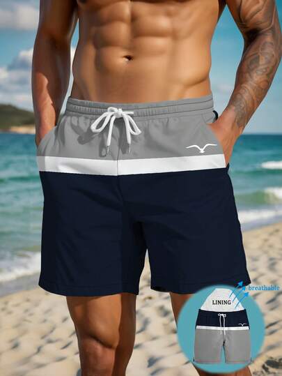 男士夏季印花图案抽绳腰斜口袋夏威夷速干双层网眼内衬短裤，海鸥撞色3D艺术印花，时尚休闲沙滩度假泳裤