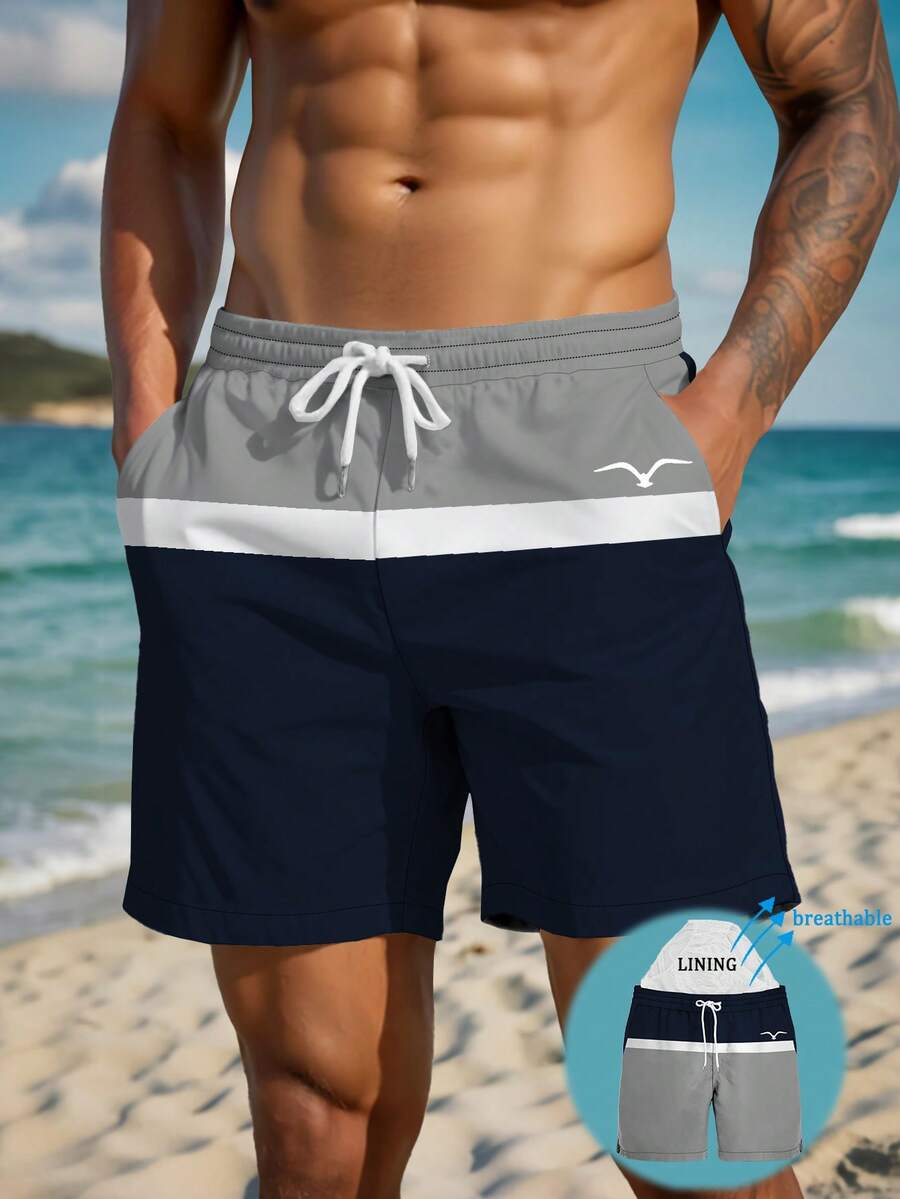 男士夏季印花图案抽绳腰斜口袋夏威夷速干双层网眼内衬短裤，海鸥撞色3D艺术印花，时尚休闲沙滩度假泳裤 - 彩色 - 查看 1