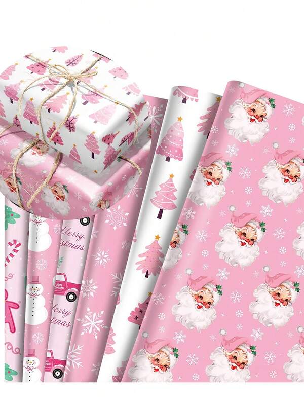 12pcs Pink Christmas Gift Wrapping Paper, Snowman Cartoon Pattern Design, Cute Style Holiday Gift Box Wrapping Paper, Suitable For Family Gatherings, Children's Christmas Parties, Office Holiday Gift Giving Scenarios, High-Quality Thick Paper Material, Easy To Cut, Fold-Resistant And Tear-Resistant, Suitable For DIY Packaging, Gift Box Wrapping, Holiday Wall Decor, Christmas Snowman Themed Party Decoration [1pc, 6pcs, 12pcs]