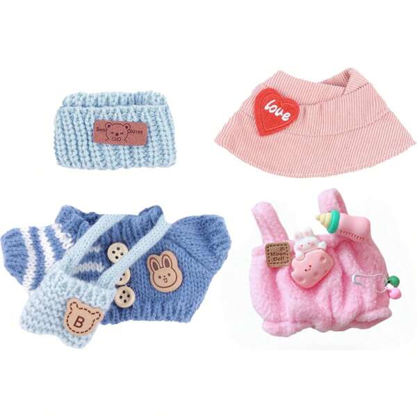 2 Sets Of Clothes For Labubu, 5 Pcs Accessories For Doll 6.7in/17cm Outfits Knit Hat+T-Shirt+Bag, Doll Sun Hat+Bib Pants