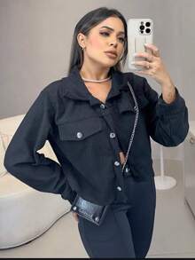 Stylish Casual Corduroy Jacket With Front Buttons And Fake Pockets - Autumn Winter Fashion - 黑色 - 查看 3