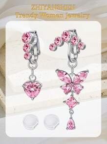 2Pcs Fake Belly Button Piercing For Women Dangle Butterfly Heart Clip On Belly Button Rings Silver Gold Pink Fake Belly Button Rings Non Piercing Belly Rings Stainless Steel Faux Navel Jewelry