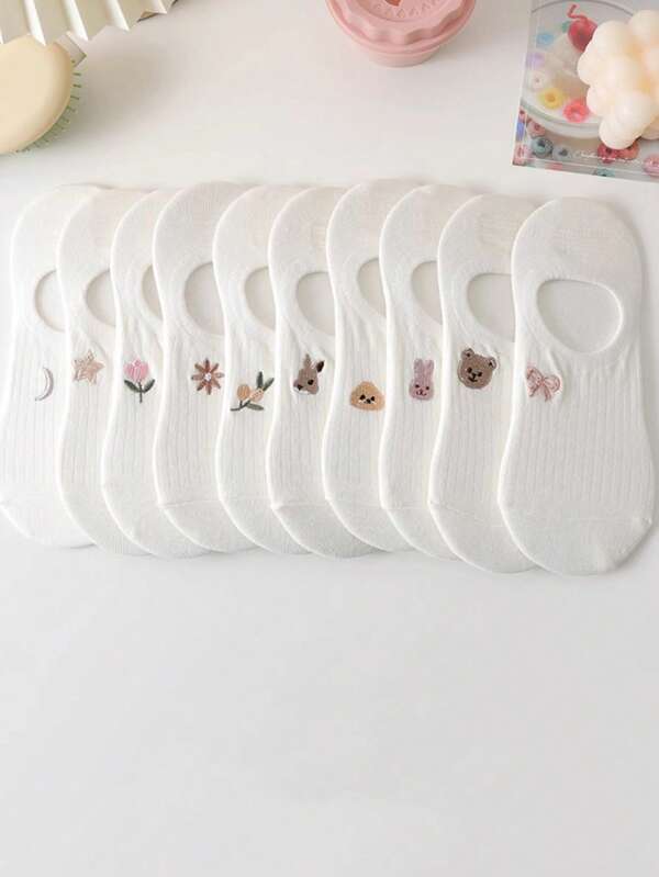 10 paires de chaussettes bateau d'été pour femmes, blanches avec motifs mignons d'animaux et de plantes, chaussettes invisibles
