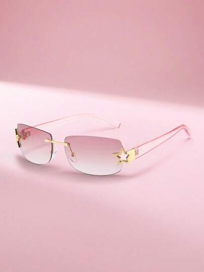 Fashion Y2K Star Decoration Fashion Glasses Retro Rimless Rectangular Stare Glasses Pink Eyeglasses FashionWomen's Glasses,Suitable For Summer Party Beach Vacation Travel Festival Accessories,Holiday Essentials,Gifts