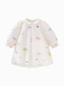 mini bala 女童刺绣网纱派对连衣裙,甜美彼得潘领 - 白綠色調 - 查看 2