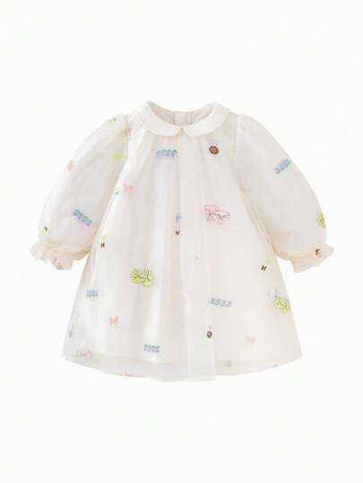 mini bala 女童刺绣网纱派对连衣裙，甜美彼得潘领