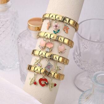 1PC 24K Gold-Plated Stainless Steel Elastic Bracelet With Cupid's Arrow, Heart, Cat, Flower, Cross Pendant, Suitable For Women's Daily Wear