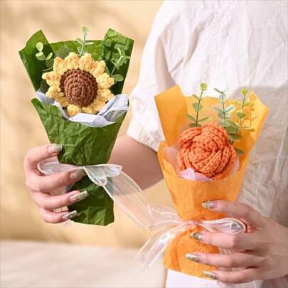 수제 뜨개질 장미/해바라기 부케 - 준비된 인조 꽃 선물, 실 꽃 기념품