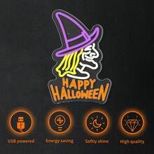 万圣节女巫霓虹灯，USB 供电可调光 LED 艺术墙饰，塑料按钮霓虹灯，壁挂式多功能装饰，适用于卧室、酒吧/派对装饰/圣诞灯万圣节装饰灯家居装饰派对装饰万圣节装饰房间装饰万圣节花园装饰礼物仙女