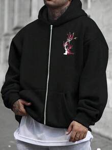 Plus Size Men's Casual Japanese Sakura Flower Print Zippered Hoodie Sweatshirt, Autumn/Winter