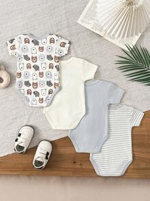 4 Pieces Infant Boy Girl 0-12 Months Casual Short Sleeves Cute Baby Bodysuits Four Seasons - Xám - Xem 2