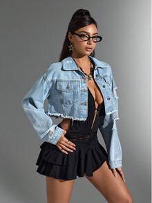 Jeanoix 短款毛边落肩休闲牛仔夹克