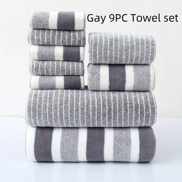 9 pièces Set de serviettes rayées - Comprend 5 serviettes de toilette, 2 serviettes de main et 2 serviettes de bain, serviettes douces absorbantes et séchage rapide, convient pour l'hôtel, la salle de gym, les voyages, l'entraînement, le yoga, les essentiels de salle de bain pour couple pour le salon de beauté et la maison