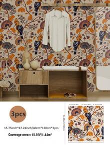 SUPSTICKER 3 件复古花卉、水果和鸟类图案墙面装饰贴纸（无粘合剂，用户需要购买胶水），适用于墙壁、浴室、橱柜、房间壁纸墙纸墙贴房间装饰 - 彩色 - 查看 18