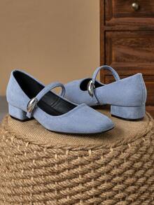 女式 3 厘米粗跟玛丽珍平底鞋，时尚百搭休闲鞋，蓝色 - 淺藍色 - 查看 4