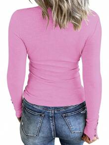 Women's Long Sleeve Henley T Shirts Button Down Slim Fit Tops Scoop Neck Ribbed Knit Shirts/Vacation Outfits Women/Valentine Outfits For Women - 淺粉色 - 查看 2
