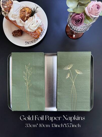 16 Pcs Premium 3-Ply Thick Dark Green Leaf Foil Printing Napkins, 13 Inches X 15.7 Inches, Brown Printed Disposable Paper Napkins For Wedding, Birthday, Holiday, Party, Restaurant, Hotel, Home Decor, Party Supplies