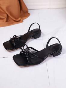1. Sandal đế vuông bằng da mềm mại, quai thun, kiểu dáng mới mùa hè, sandal đế dày thoáng khí có nơ, dép đế dày đa năng, giày cao gót màu đen dành cho nữ. - màu đen - Xem 6