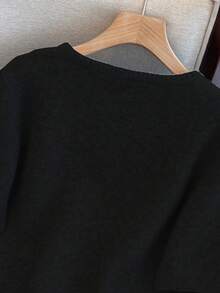 1pc Women's Solid Color Metallic Button Sweater, Casual Round Neck Short Sleeve Cardigan, Versatile Knit Sweater Tops, Fall/Winter - Black - View 5