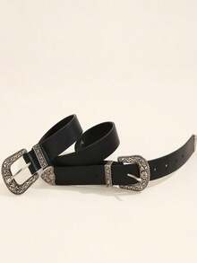 1pc Western Style Silver Double Buckle Belt Fall, Autumn, Halloween - Black - View 3