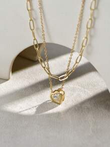 2 件套心形吊坠和回形针装饰双层女士项链（链条、扣环和珠子数量随机）