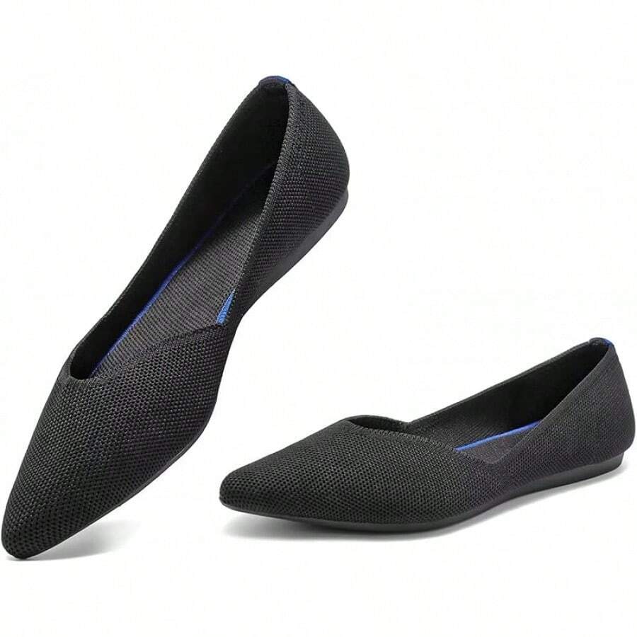 Womens Flat Shoes Classic Pointed Toe Flats Knitted Dress Shoes Soft Comfortable Dressy Flats Women - 6042黑色 - 查看 1