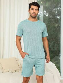 Matching Pajamas For Couples Ribbed Knit Lounge Set Soft Short Sleeve 2 Pieces Sleepwear S-XXLhalloween - 深藍色 - 查看 3