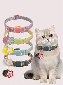 1pc Polyester Flower Print Pet Collar With Cherry Blossom Charm And Bell, Quick Release Buckle, Adjustable Size Suitable For Cats And Small Dogs, Seasonal Use