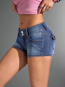 Jeanoix Quần short denim co giãn thời trang nữ có túi - Rửa trung bình - Xem 3