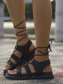 新款厚底罗马凉鞋，复古系带平底舒适女式休闲凉鞋