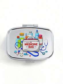 Caja de píldoras portátil con compartimentos duales y diseño de serie de letras con patrón lindo, caja de almacenamiento de metal en miniatura adorable, caja de píldoras portátil para volver a la escuela, regalo personalizado con logotipo de dibujos animados - Plateado - Ver 13