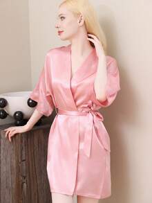 1 件女士纯色优雅系带秋冬浴袍，性感短款缎面丝绸柔软睡衣，适合新娘、伴娘、家居使用