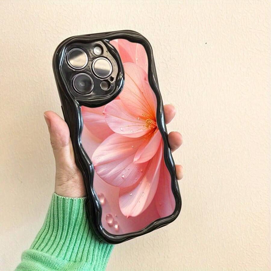Funda para teléfono (1 unidad) con diseño ondulado para phone X/11/12/13/14/15/16 Pro. Diseño bonito con delicadas gotas de flores rosas estampadas. - Negro - Ver 1