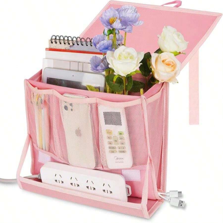 Retyion Bedside Caddy Bedside Storage Organizer Bedside Organizer With Power Strip Holder And 2 Adjustable Straps For Home Bunk Bed Dorm Sofa (Pink) - 粉色 - 查看 1