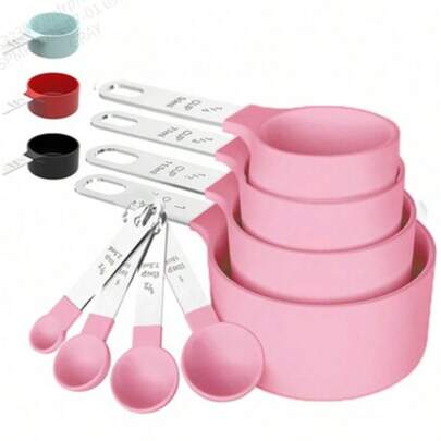 8 件量杯和量勺套装，塑料主体配不锈钢手柄量勺，烘焙工具组合带测量标记