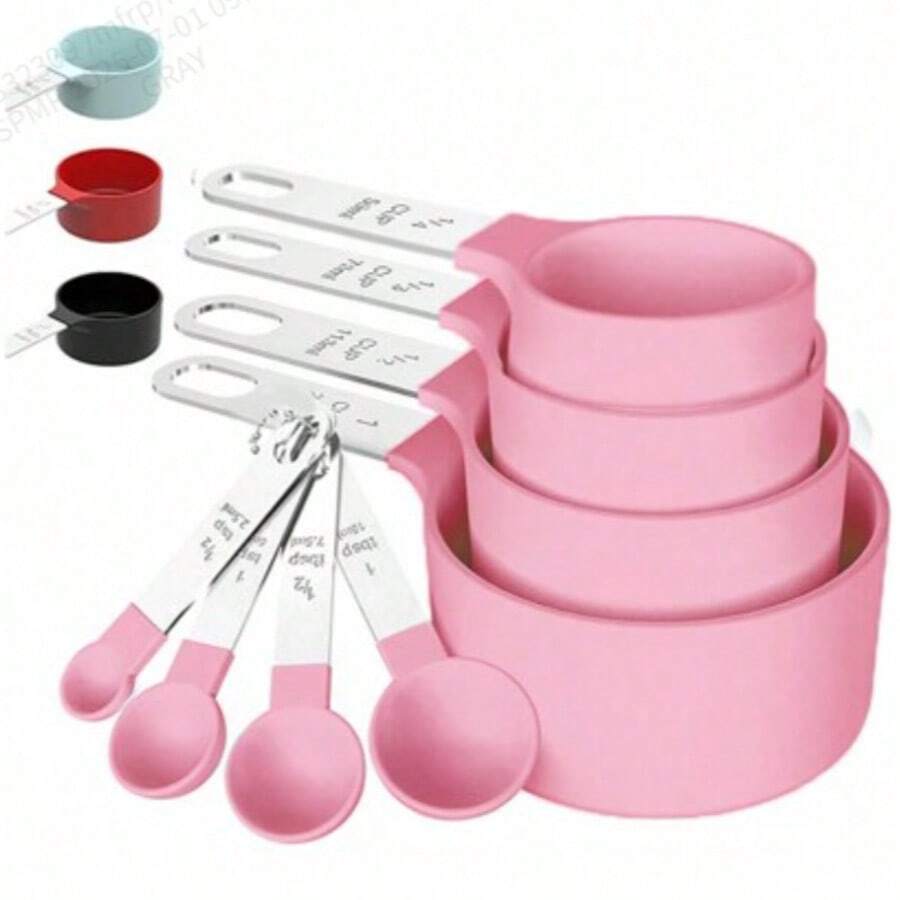 8 件量杯和量勺套装，塑料主体配不锈钢手柄量勺，烘焙工具组合带测量标记