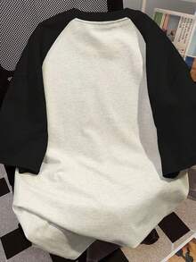 女士落肩短袖T恤，宽松中长款设计，卡通印花，时尚校园风，夏季休闲度假装扮 - 黑拼灰 - 查看 5