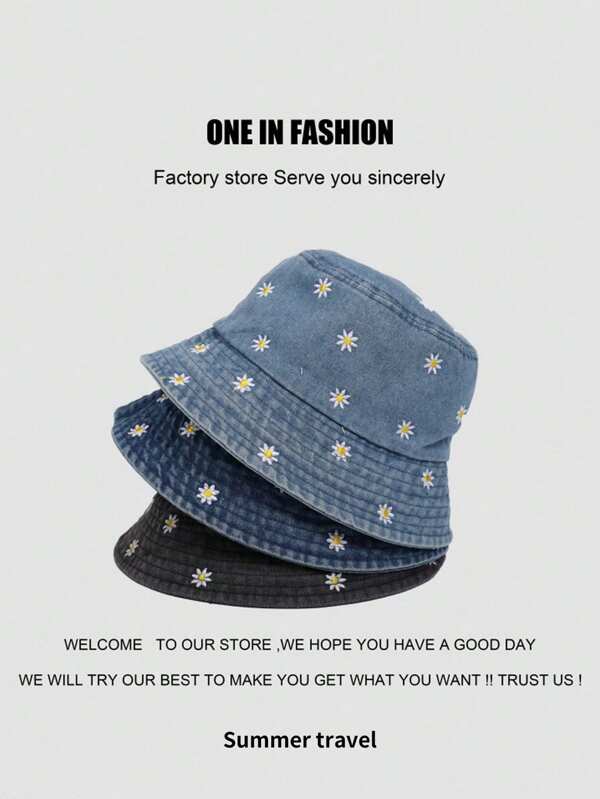 1pc Women Solid Color Love Life~Chrysanthemum Embroidered Smiling Face Bucket Hat, Versatile Casual Simple Design Suitable For Daily Outdoor Use