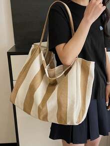 Women Striped Shoulder Bag Simple Carrying Bag Large Capacity Stylish Shoulder Purse Casual Shopping Bag Canvas Commuting Bag Summer Stripe Canvas Tote Bag Female Casual Large Capcity Handle Bag Simple Shoulder Bags Shopping Handbag Daily Totes Bag - Khaki - View 6