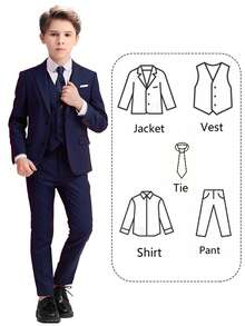 Tween Boy Suits 5-Pieces Suit Set Tuxedos Dresswear Ring Bearer Outfit Wedding Blazer Vest Pants Shirts Tie Formal Suits, Navy Blue Size 6-16Y - 藏蓝色 - 查看 3