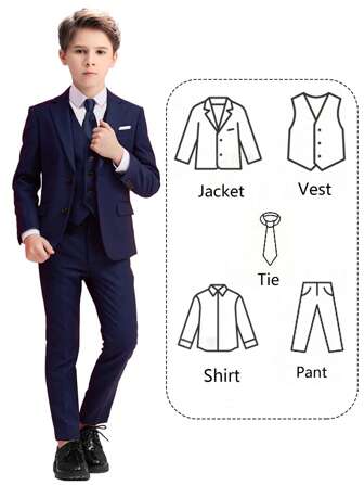Tween Boy Suits 5-Pieces Suit Set Tuxedos Dresswear Ring Bearer Outfit Wedding Blazer Vest Pants Shirts Tie Formal Suits, Navy Blue Size 6-16Y