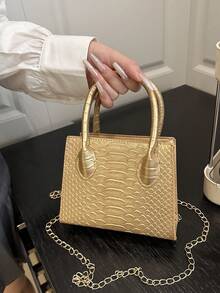 Mini Lipstick Shaped Fashion Metallic Snake Skin PU Handbag - Gold - View 4
