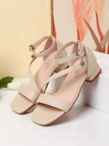 1 Pair Summer New Girls' Fashion Roman High Heel Sandals, Diagonal Strap Decor Personalized Elegant Dignified Elegant, Girls' High Heel Dance Shoes, Student Performance Daily Activity Sandals - Apricot - View 9