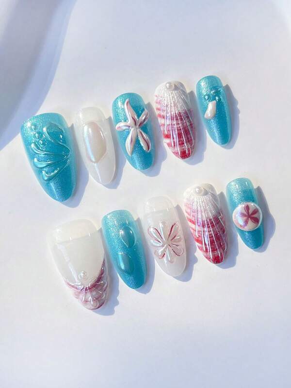10pcs/Set Summer Y2K Style Handmade Press On Nails 3D Almond Press On Nails With Pearls,Starfish.Suitable For Women And Girls,Party,Daily Wear