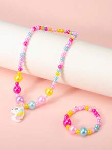 Set de 2 piezas de pulsera y collar con cuentas con diseño de unicornio lindo para niñas, accesorios de joyería de princesa, adecuado para fiestas de niñas y regalos de cumpleaños