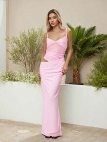 Women's Bodycon Cami Dress Solid Color Sheer Mesh Cutout Sleeveless Spaghetti Strap Long Dress - Hồng - Xem 2