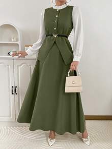 女士纯色单排扣无袖外套和中长裙套装，教师装、商务休闲装、返校季服装、夏季外出装 - 橄欖綠 - 查看 6