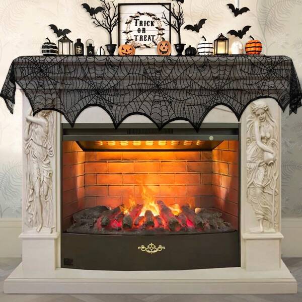 1pc Halloween Decoration Black Lace Spiderweb Fireplace Mantle Scarf Cover,Halloween Decorations Festive Party Supplies For Indoor Door, Window And Flowerbeds Decoration 45 X 248cm 18 X 98 Inch