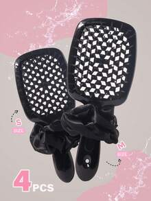 四件套美发造型梳套装 - 空心梳、顺发梳、粉色发圈、蓬松梳、卷发梳，干湿两用，不打结，返校必备，旅行必备，女士美发配件，梳子，梳子套装，边缘梳，梳子套装，梳子，迷你梳，顺发梳，护发产品，美发工具，美发配件，护发，卷发梳，发型师，美发造型工具，旅行必备，发型，护发