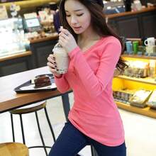 Otoño botón de hilo de color sólido camiseta de manga larga de las mujeres Slim nueva blusa camisa de fondo fuera de la marea de desgaste - Rosa - Ver 6